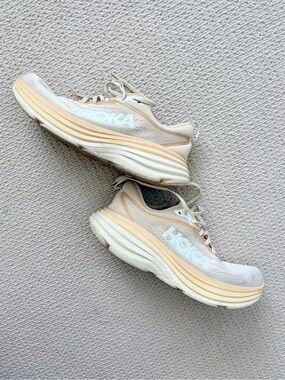 Hoka Men’s Bondi 8 Running Shoes in Beige and White Size 10